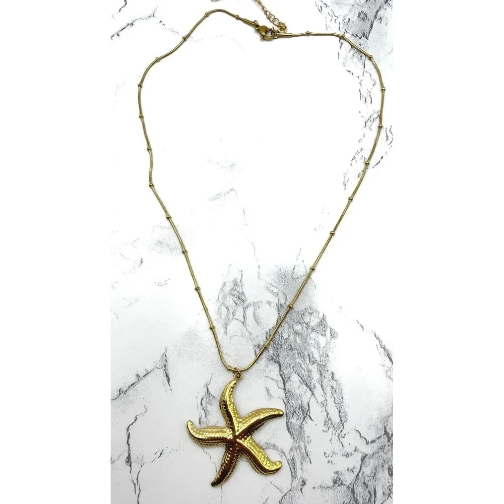 NEW Gold Stainless Steel Starfish Necklace Beach Ocean Pendant 15